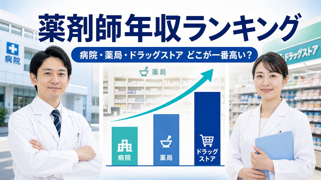 病院・調剤薬局・ドラッグストアの年収を比較する薬剤師男女のイメージ