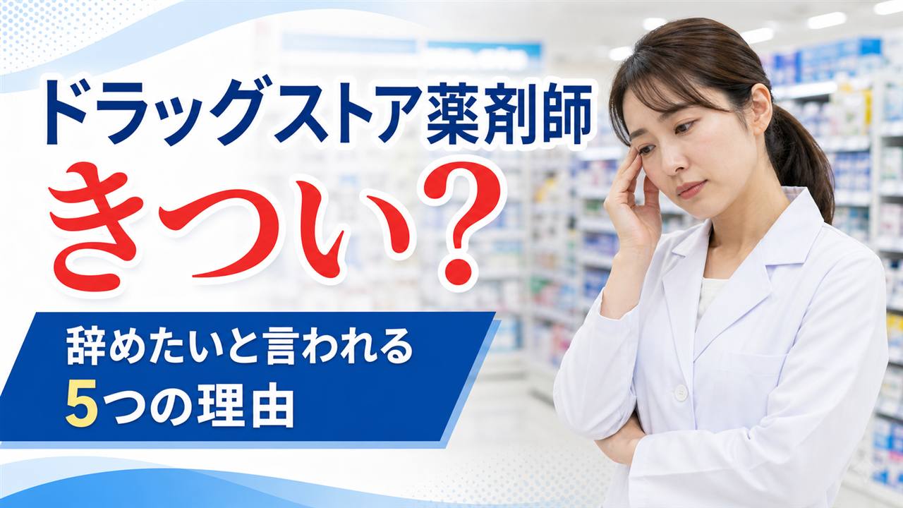 ドラッグストア店内で仕事の負担について考える女性薬剤師