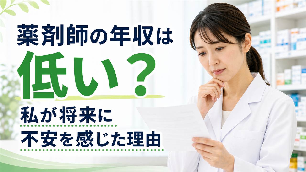 薬局で給与明細を見ながら将来の年収について考える女性薬剤師のイメージ