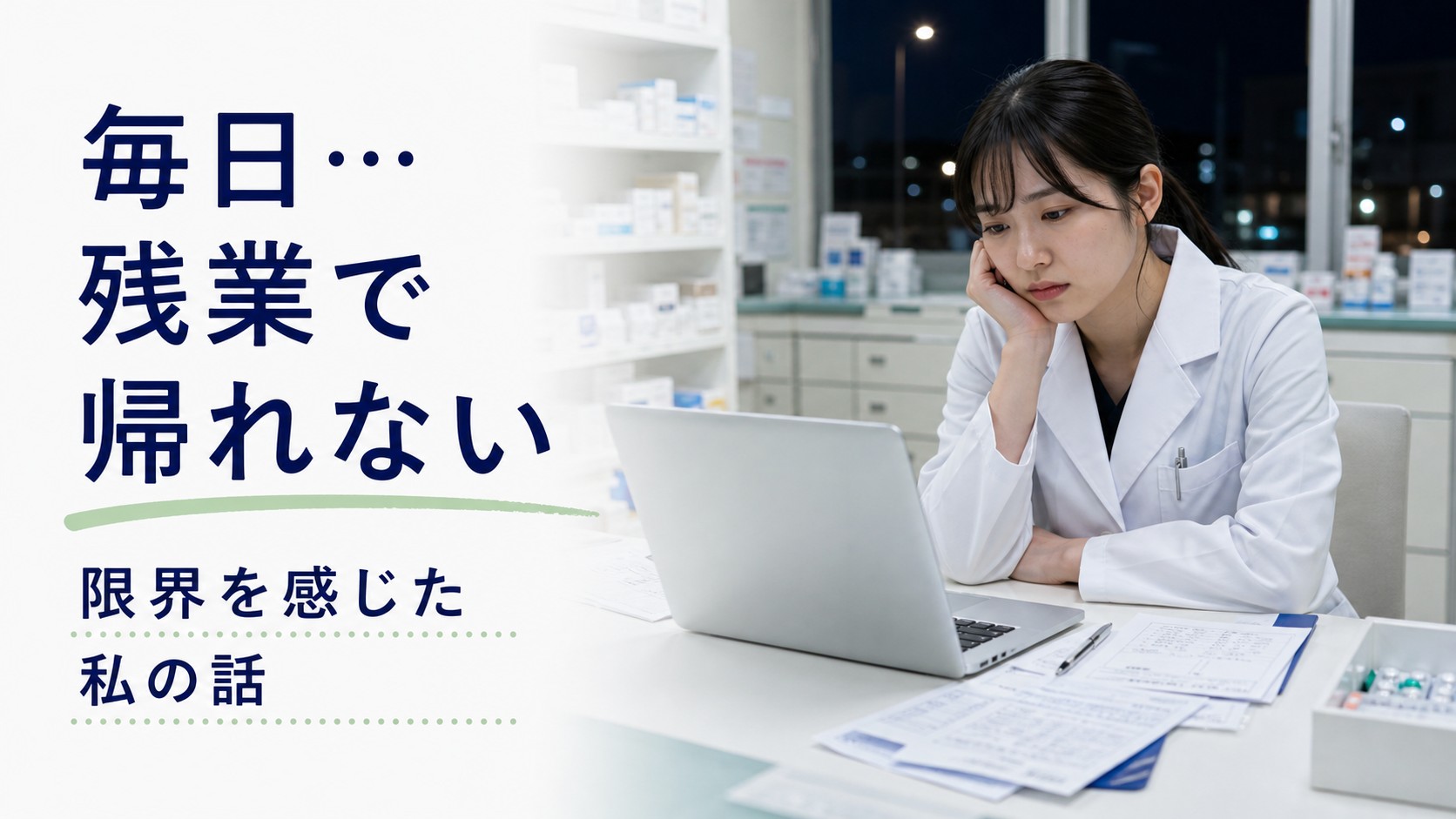 閉局後の調剤薬局で残業しながら疲れた表情でパソコンに向かう薬剤師のイメージ