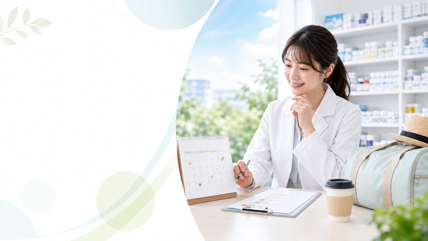 薬剤師が年間休日や休暇制度を確認し、働きやすい職場を選んでいるイメージ画像