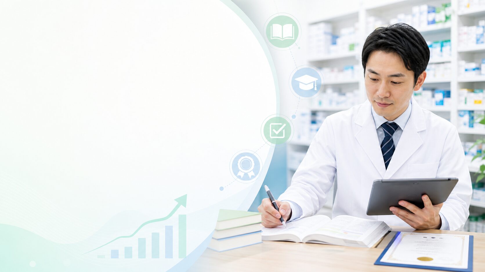 認定薬剤師取得支援制度のある職場で研修を受ける薬剤師の画像