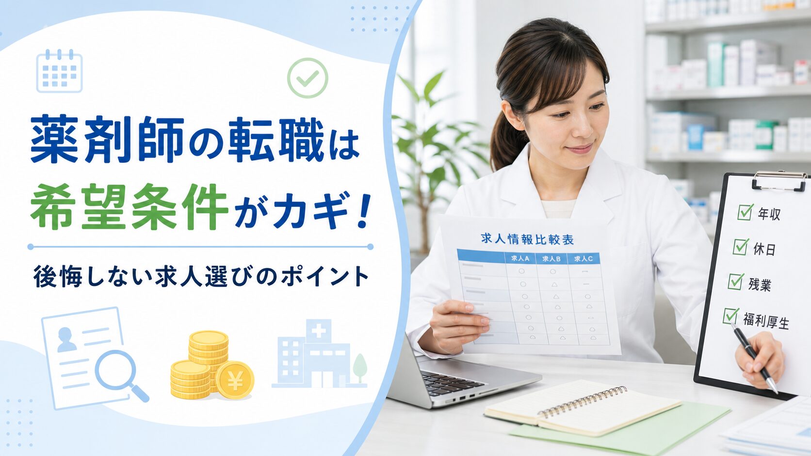 薬剤師が転職で希望条件を整理し、自分に合った求人を比較しているイメージ画像