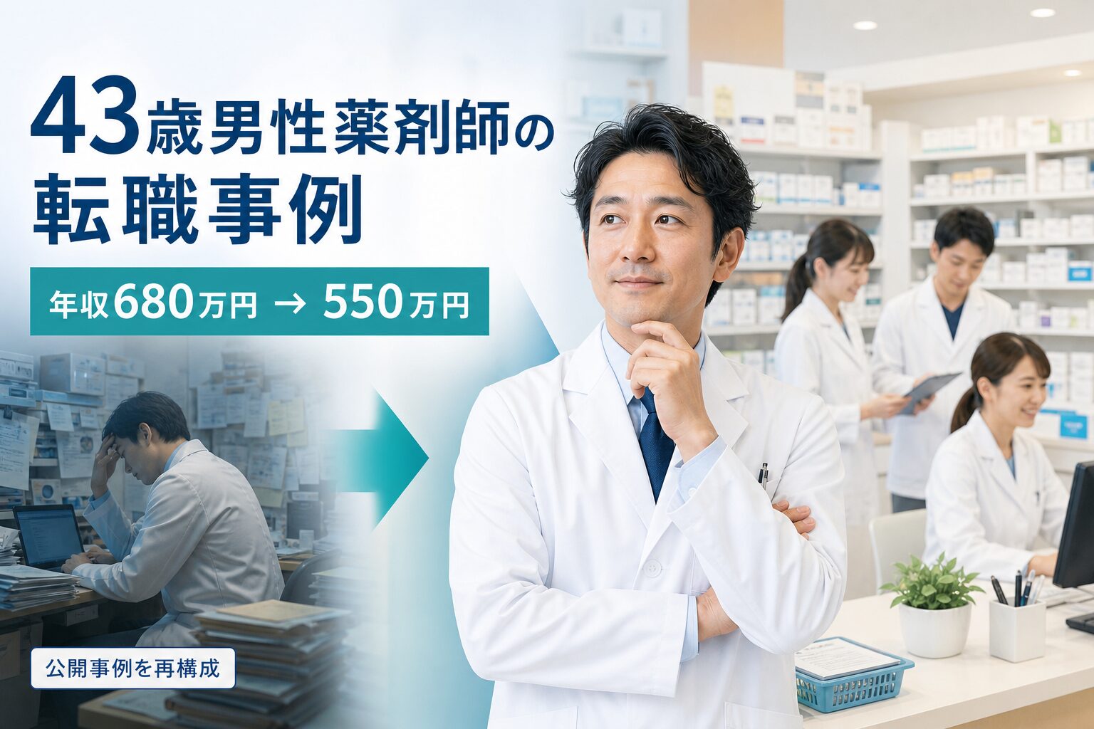 43歳男性薬剤師の転職体験談で年収680万円から550万円へ変わった公開事例