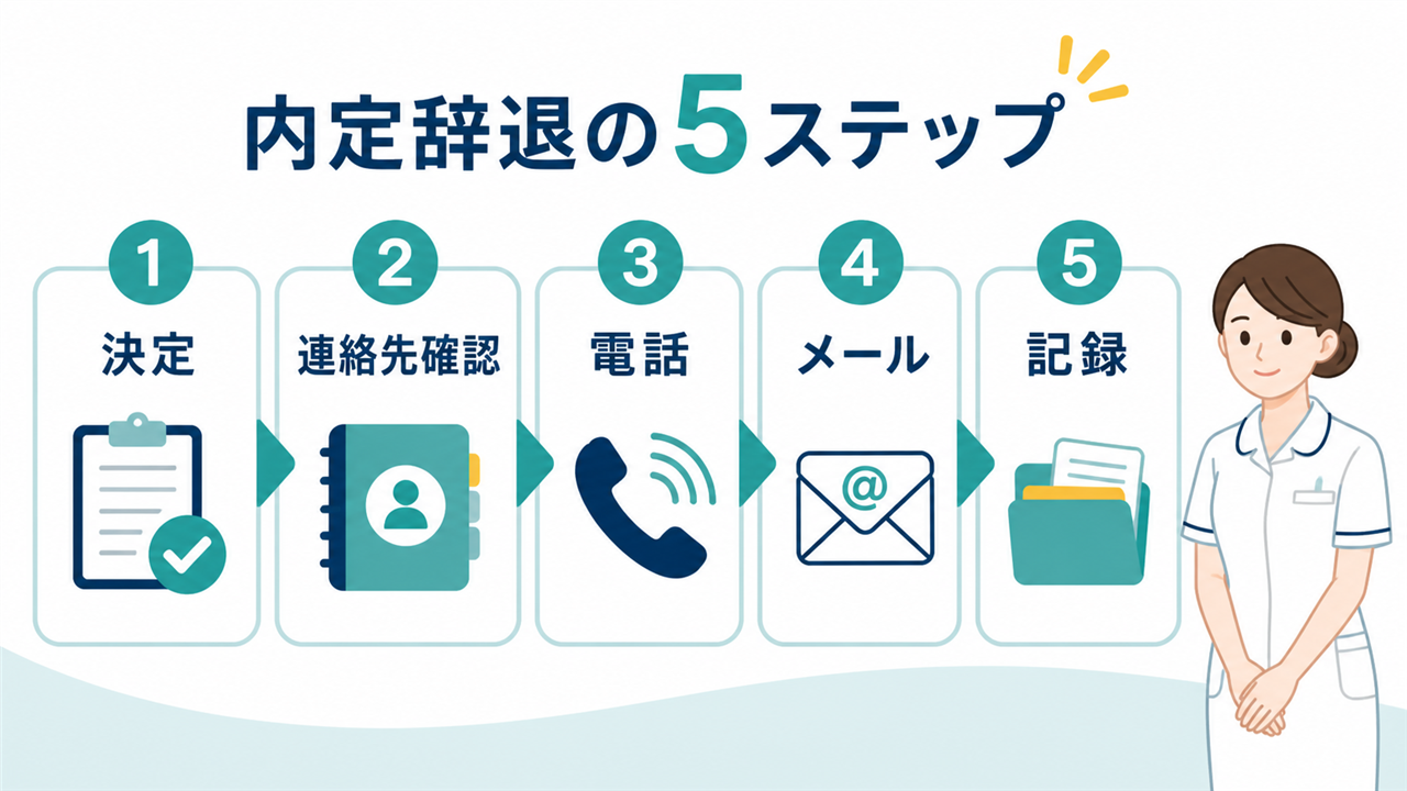 看護師の内定辞退を決定・連絡先確認・電話・メール・記録の順で伝える5ステップ