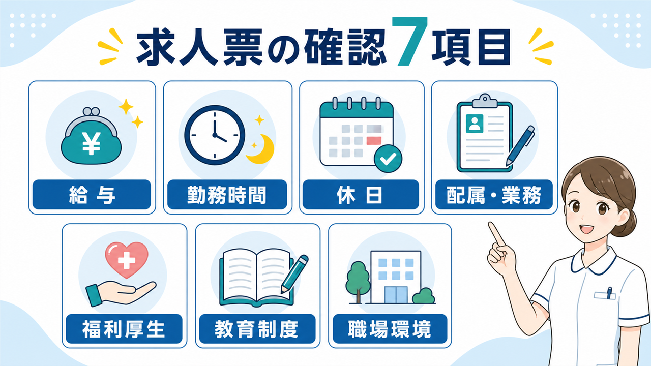 看護師の求人票で確認する給与・勤務時間・休日・配属・福利厚生・教育制度・職場環境の7項目