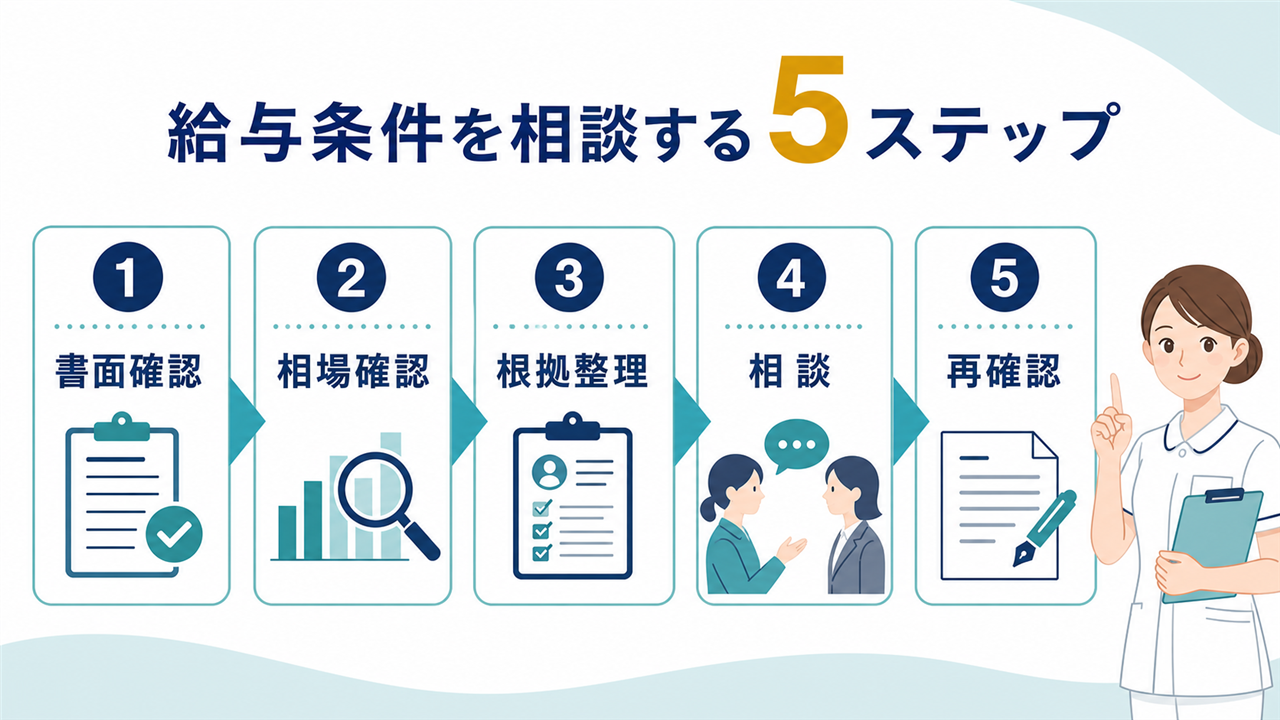 看護師の給与交渉で書面確認・相場確認・根拠整理・相談・再確認を行う5ステップ