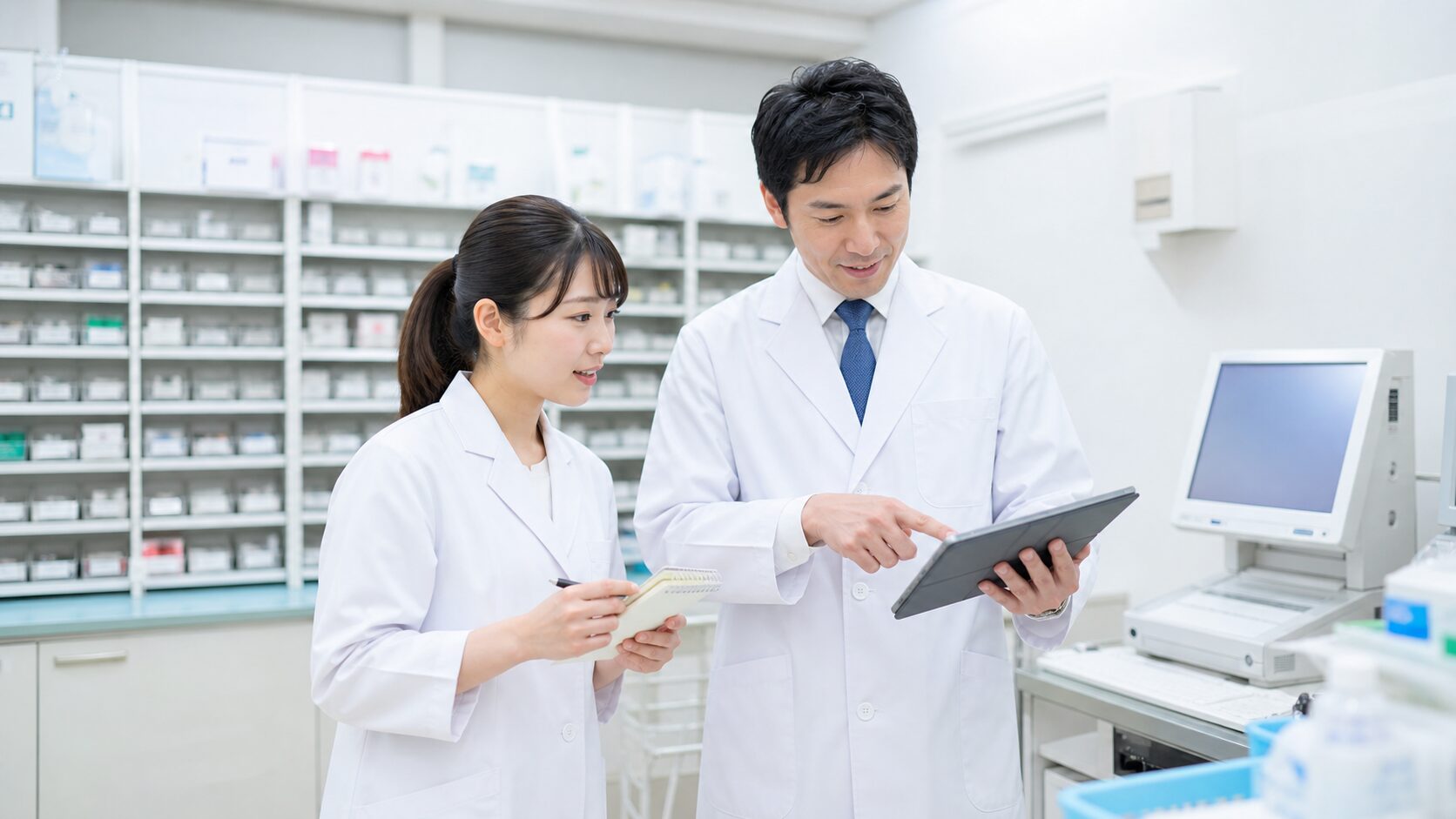 薬剤師が転職先に馴染めないとき先輩へ仕事の手順を確認する様子