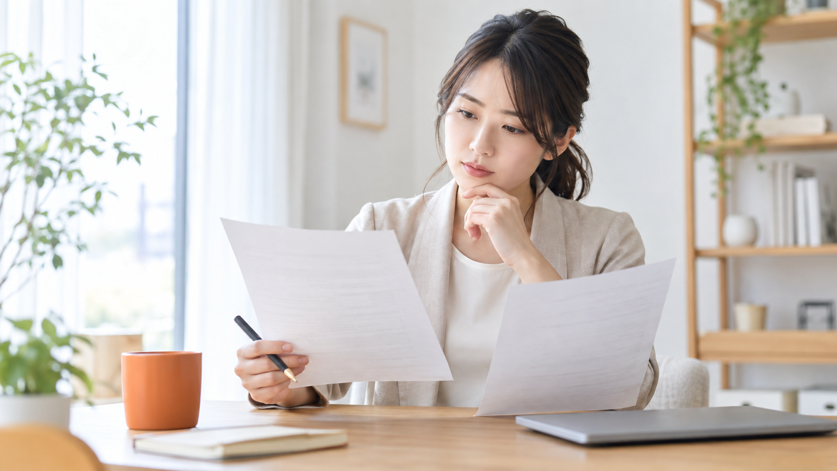 転職の内定承諾前に労働条件の書類を確認する女性