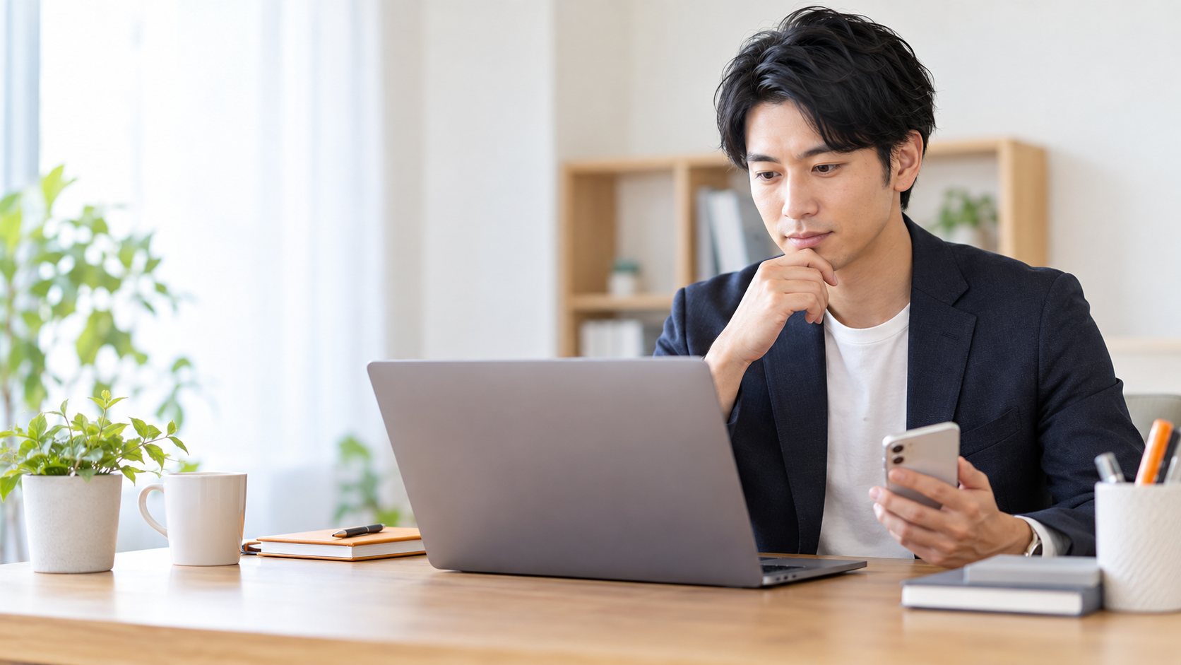 転職の内定辞退を電話とメールで伝える準備をする会社員