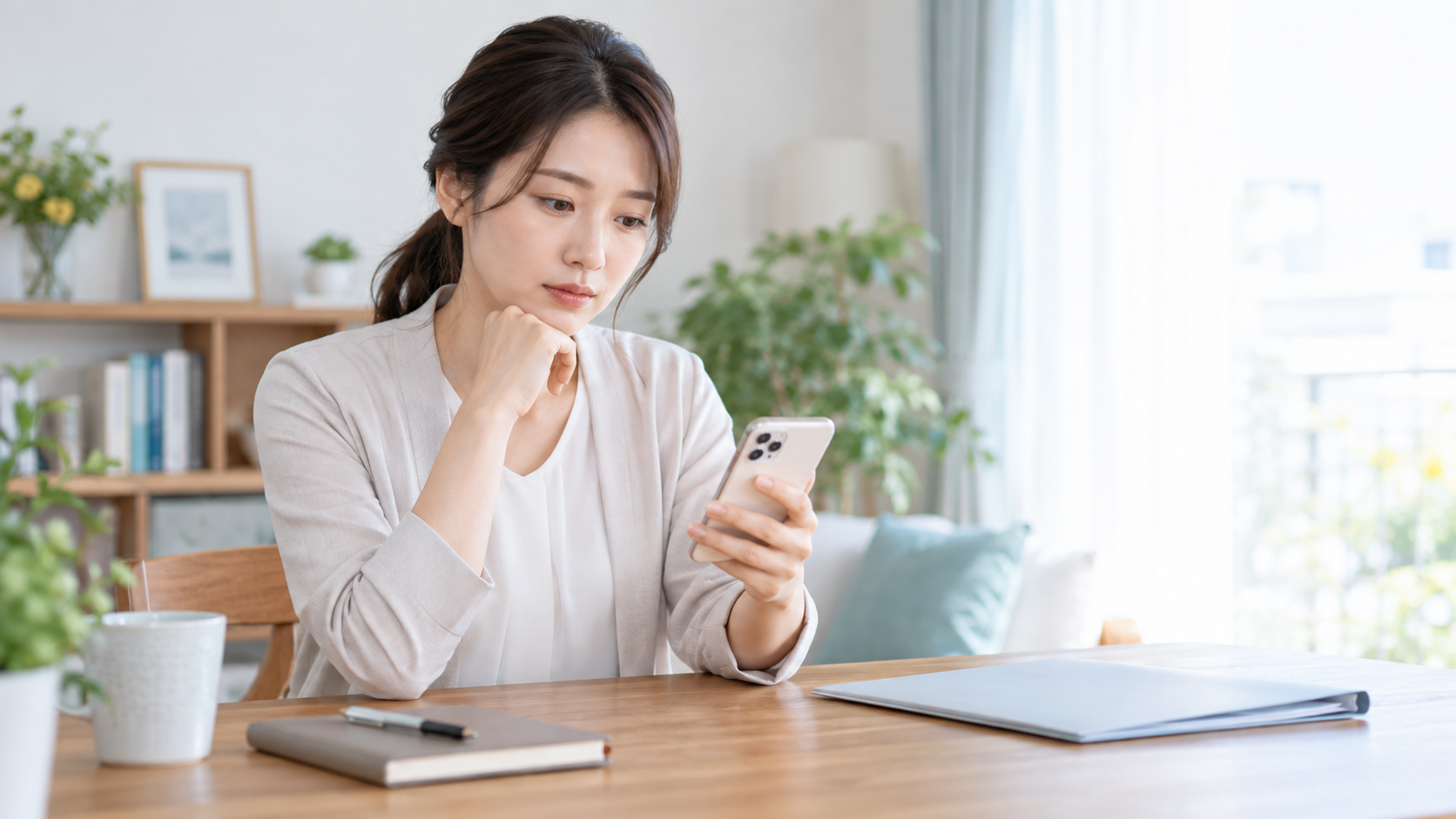 看護師面接後の連絡を待ちながらスマートフォンを確認する女性