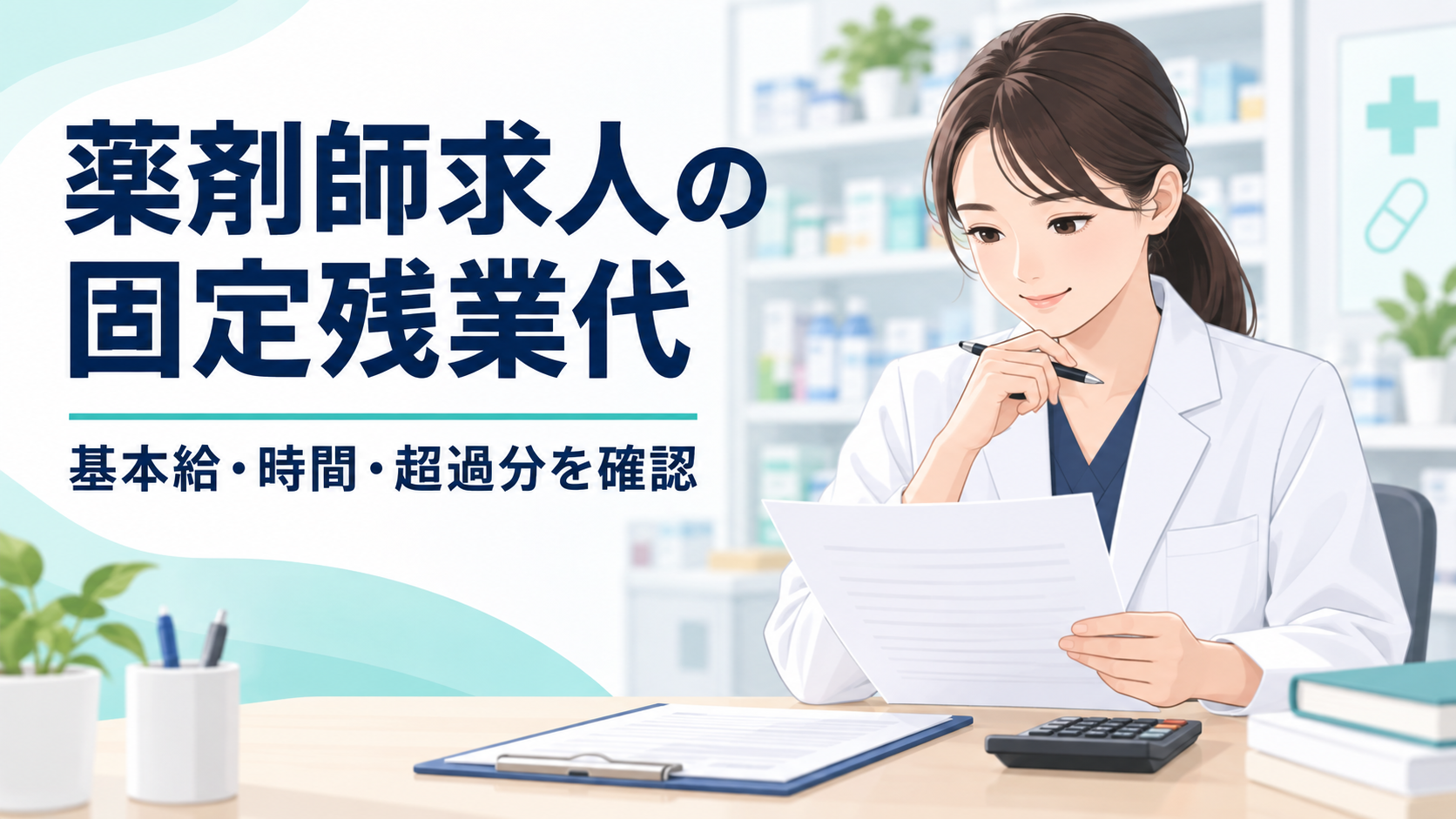 薬剤師求人の固定残業代と基本給・対象時間・超過分を確認するイメージ