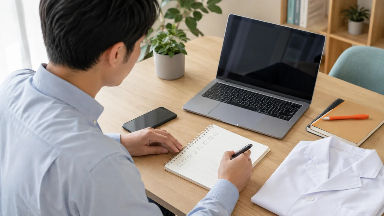 薬剤師の面接結果が来ないときに連絡内容を整理する様子