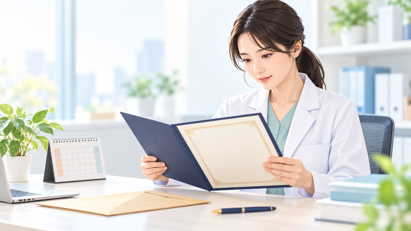薬剤師の退職証明書を確認する薬剤師のイラスト